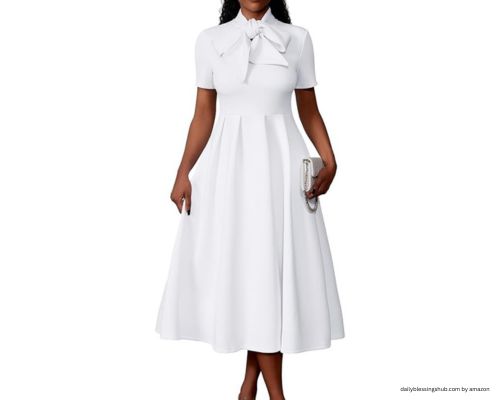 lds blessing dress Memoriesea Women's Elegant Casual Short Sleeve Work Party A-Line Dress with Pockets